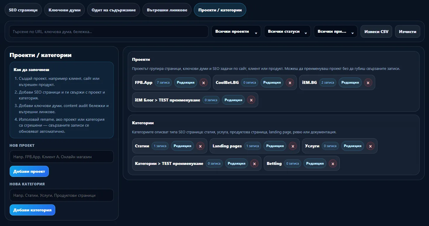 Секция Проекти и категории в iEM SEO Workspace BG с helper инструкции, форма за добавяне на проект и категория, списък с проекти, списък с категории, бутони за редакция и брой свързани записи